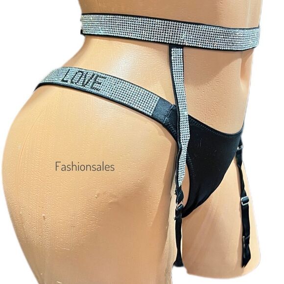 Victorias Secret Rhinestones Shine strap garter belt & Brazilian panty set black - Picture 3 of 8